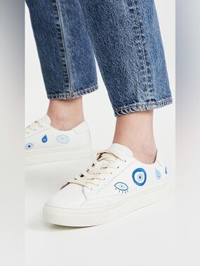 Soludos Evil Eye Ibiza Sneaker Leather Embroidered White Blue Size 8.5